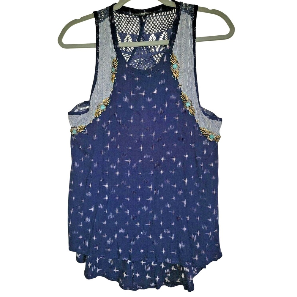 Miss Me Women's‎ Blue Blouse Top Sleeveless Swing Top Lace Crisscross Back